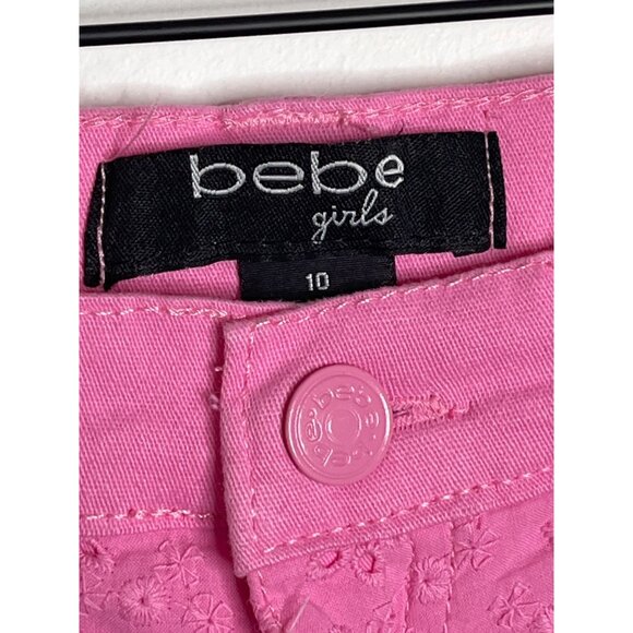 Bebe Shorts Girls Eyelet Embroidered Sz 10 Kids Cut Off Raw Hem Jean Denim Pink - Picture 4 of 10